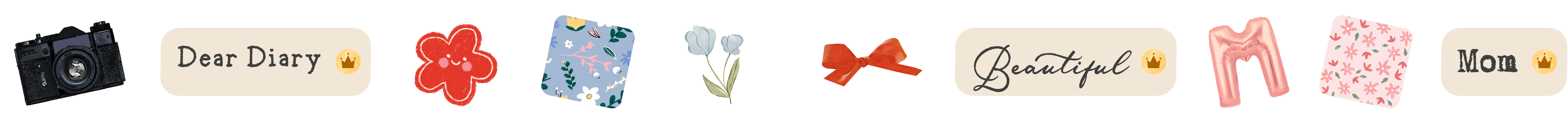 Row of decorative Mother's Day icons including a camera, diary, 'Mom' balloon, and floral elements
