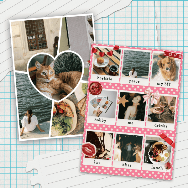Photo grid layout examples showing creative collage designs with heart-shaped cutout and 3x3 pink polka dot frame featuring lifestyle photos and custom labels