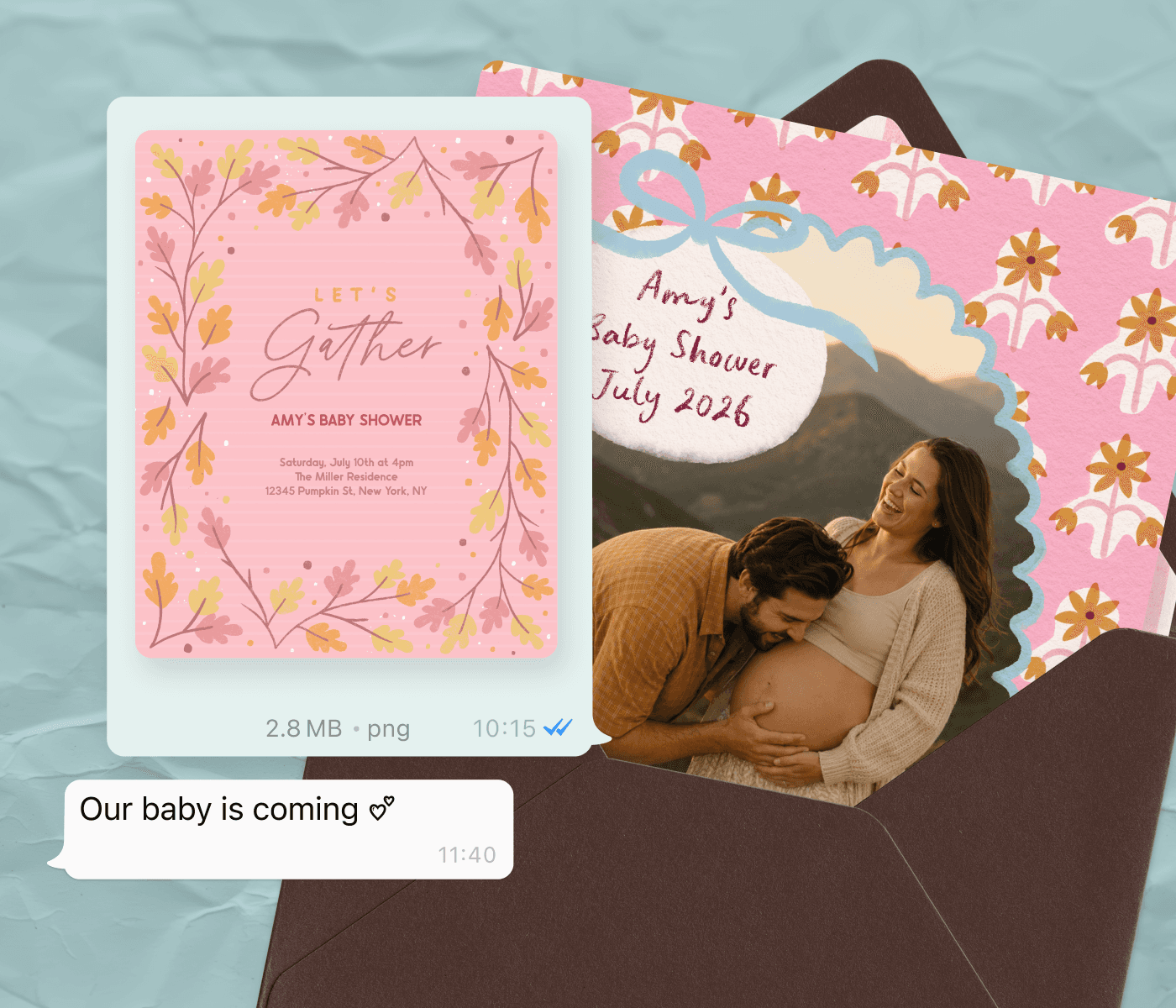 Customized Mother's Day greeting card shown on a phone and as a printed card in an envelope with tulips