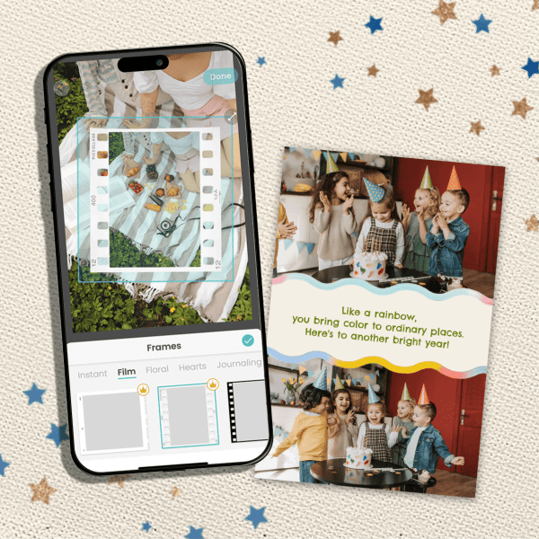 PicCollage app screenshot showing a film-strip photo frame being added to a picnic photo on a phone, next to a birthday collage card with kids in party hats, two party photos, and a colorful quote banner—example Instagram Story/collage layout made in PicCollage.