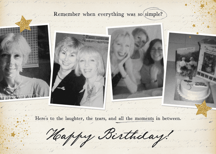 Nostalgic landscape birthday greeting card template with black-and-white Polaroid photos and gold star accents