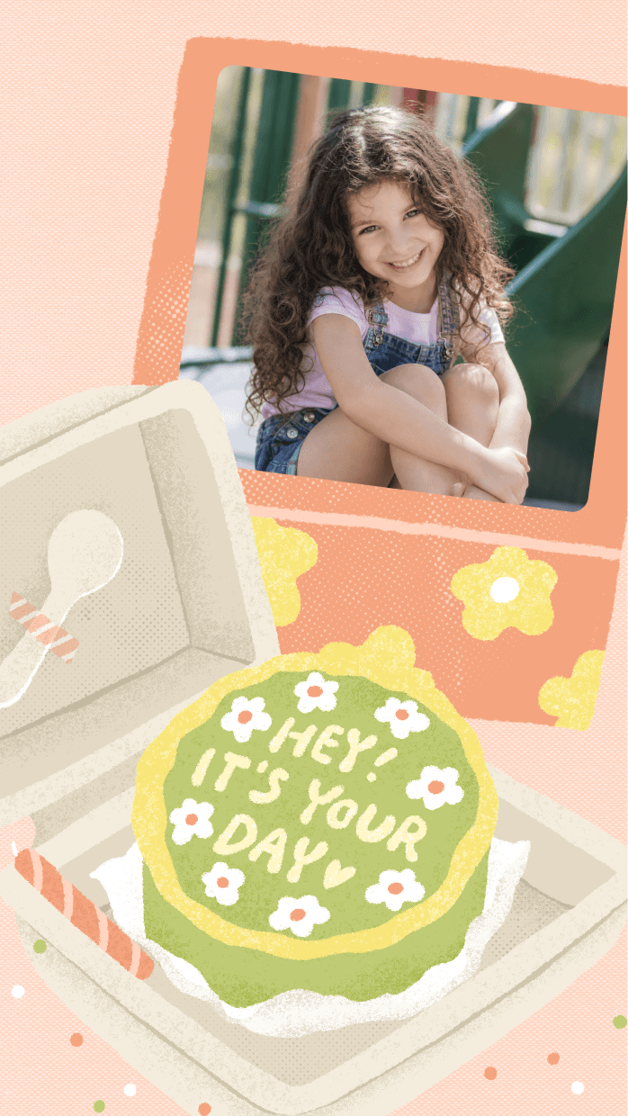 Pastel peach and green birthday card template with a Hey It's Your Day cake illustration and one photo slot