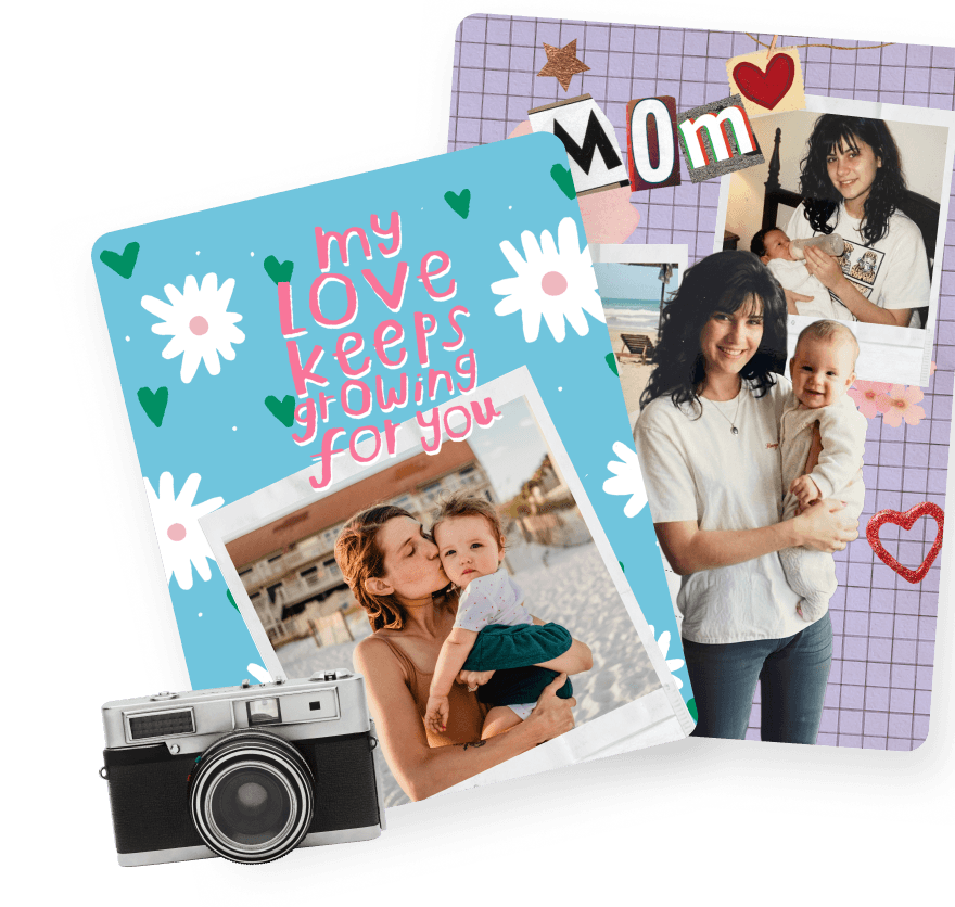 Mother's Day card samples with 'My love keeps growing for you' and 'MOM' photo collage designs
