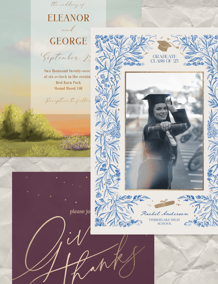 Bachelorette weekend greeting card with floral illustrations and joyful group photos for celebrating special moments