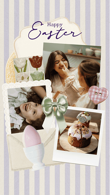 Easter greeting card template with pastel lavender stripes, family photos, tulips, and a decorated egg