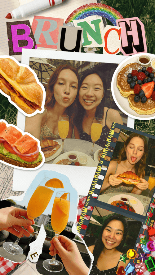 'Brunch' digital scrapbook template with food photos, friends, and colorful cut-out letters