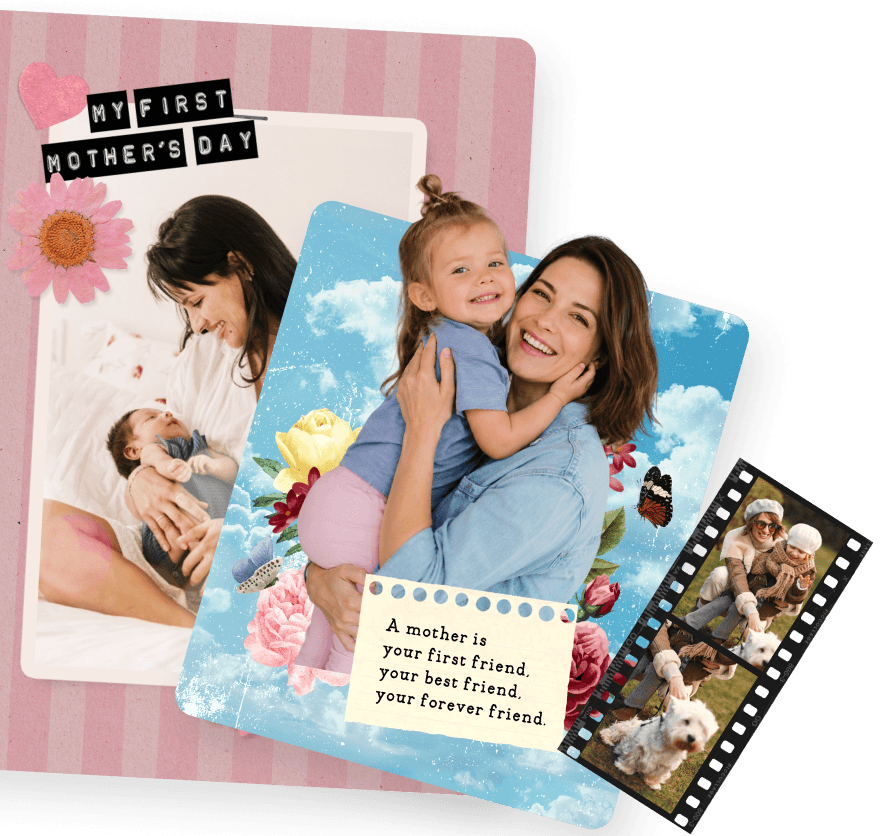 'My First Mother's Day' scrapbook card with photos of a mom and her baby in soft pastel colors