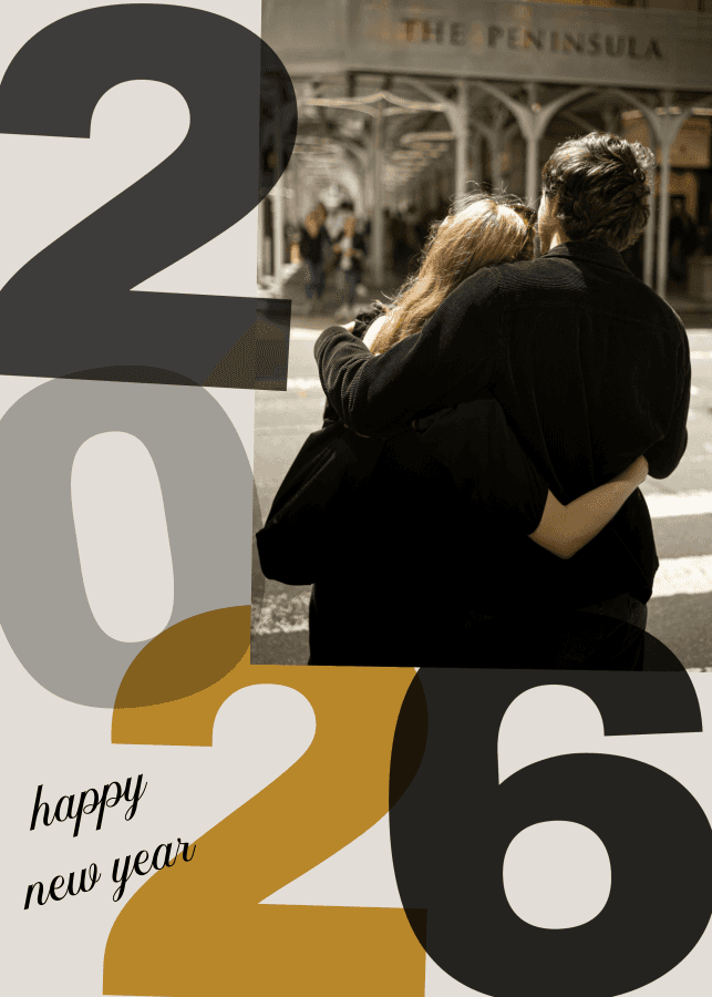 2026 New Year's card template with a couple photo, large year numerals, and 'happy new year' cursive text