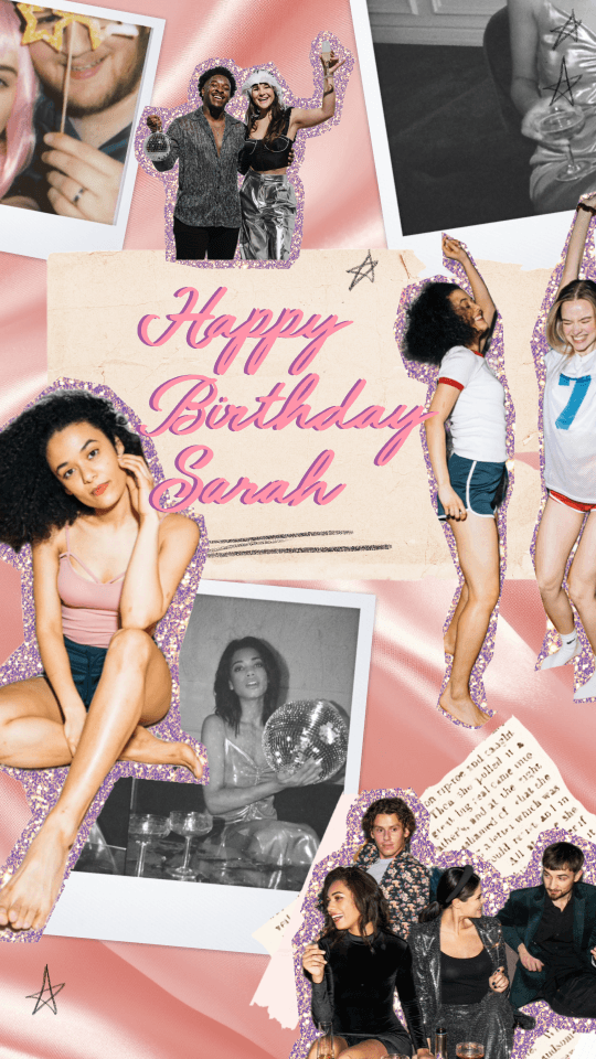 Pink satin birthday card template with Happy Birthday Sarah in cursive and scattered polaroid photos with glitter borders