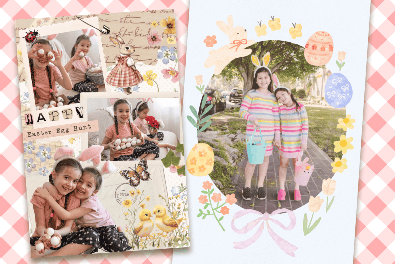 Easter photo collage showing kids during an Easter egg hunt and two children in bunny ears holding Easter baskets, decorated with pastel flowers, eggs, and “Happy Easter Egg Hunt” text.