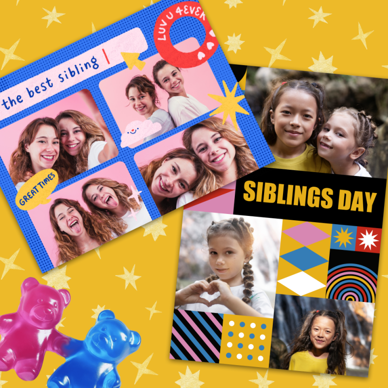 National Siblings Day collage templates featuring sibling photos, “Siblings Day” text, and colorful sticker-style designs on a yellow star background.