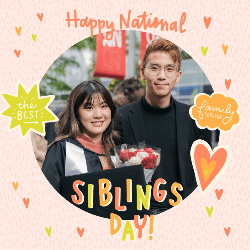 National Siblings Day photo card featuring two siblings smiling, with “Happy National Siblings Day” text and cute heart and family stickers on a pink background.