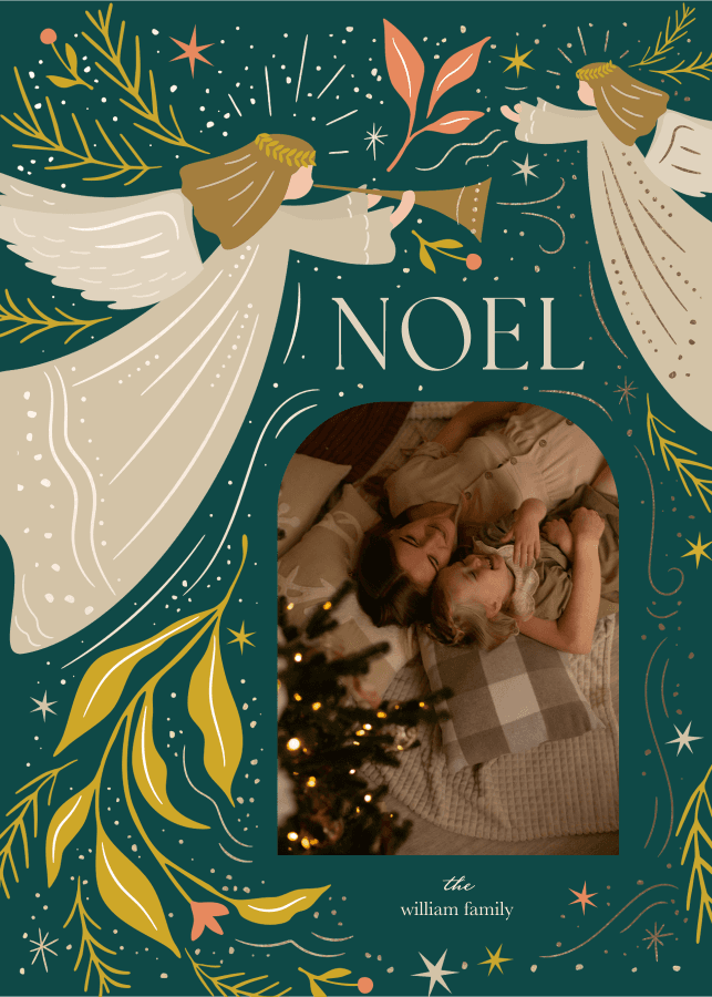 Teal 'Noel' Christmas card template with illustrated angels, sparkles, and a family photo placeholder