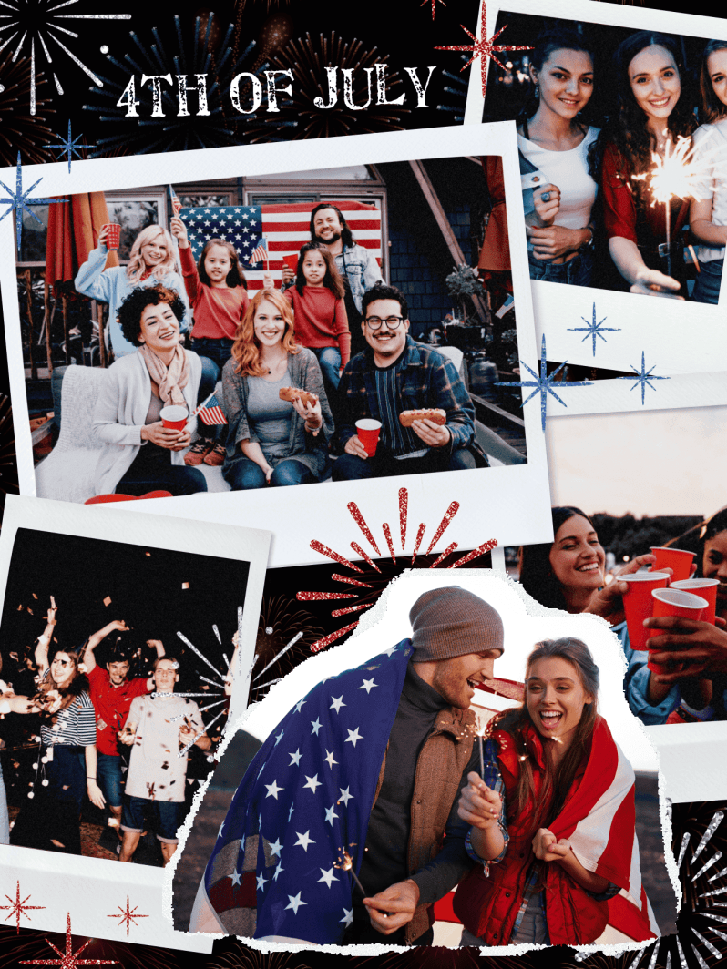 4th of July photo collage with Polaroid-style frames showing friends celebrating with sparklers, a backyard group photo in front of an American flag, and fireworks graphics on a dark background with โ4th of Julyโ text.