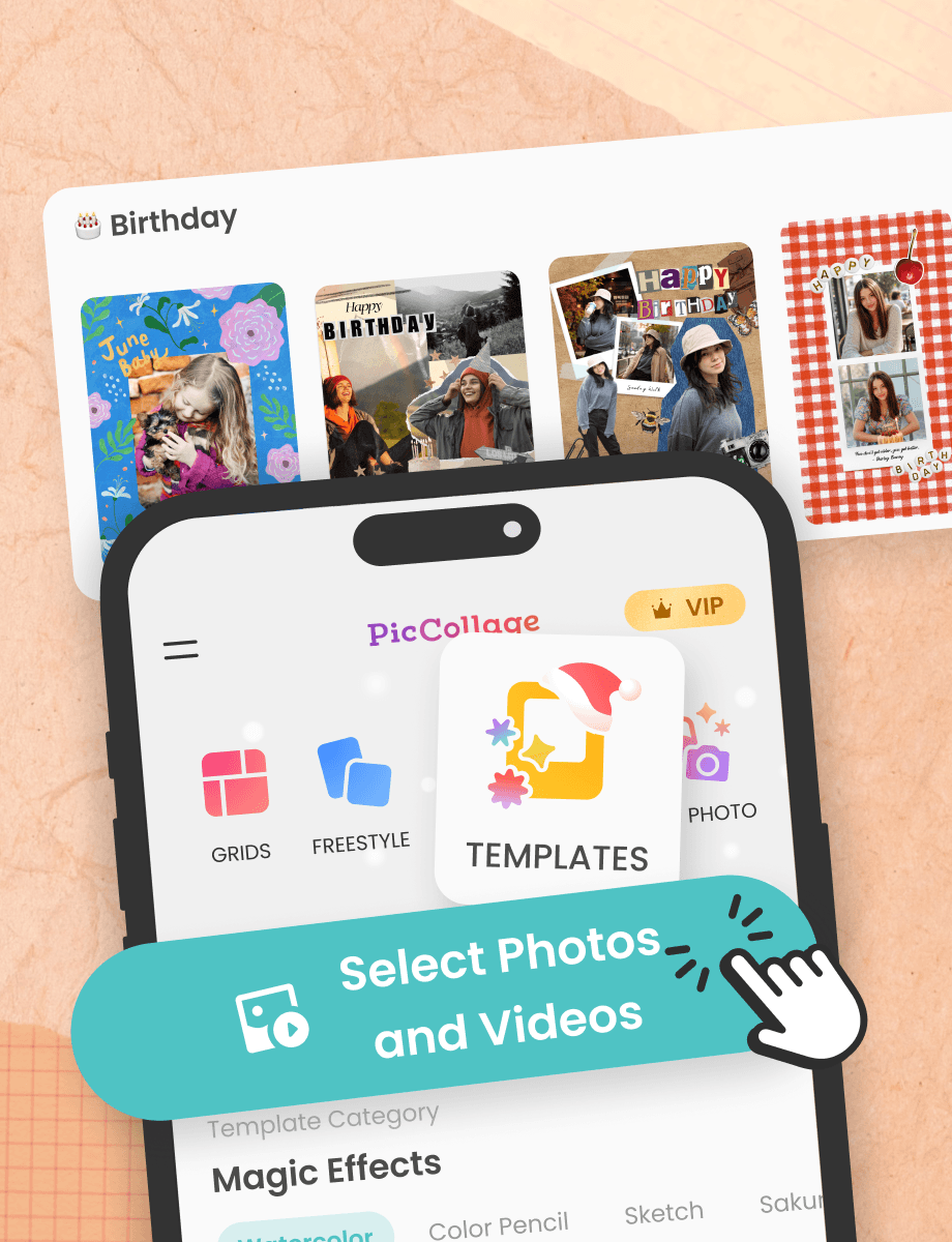 Birthday card template gallery and the PicCollage app screen prompting users to select photos and videos