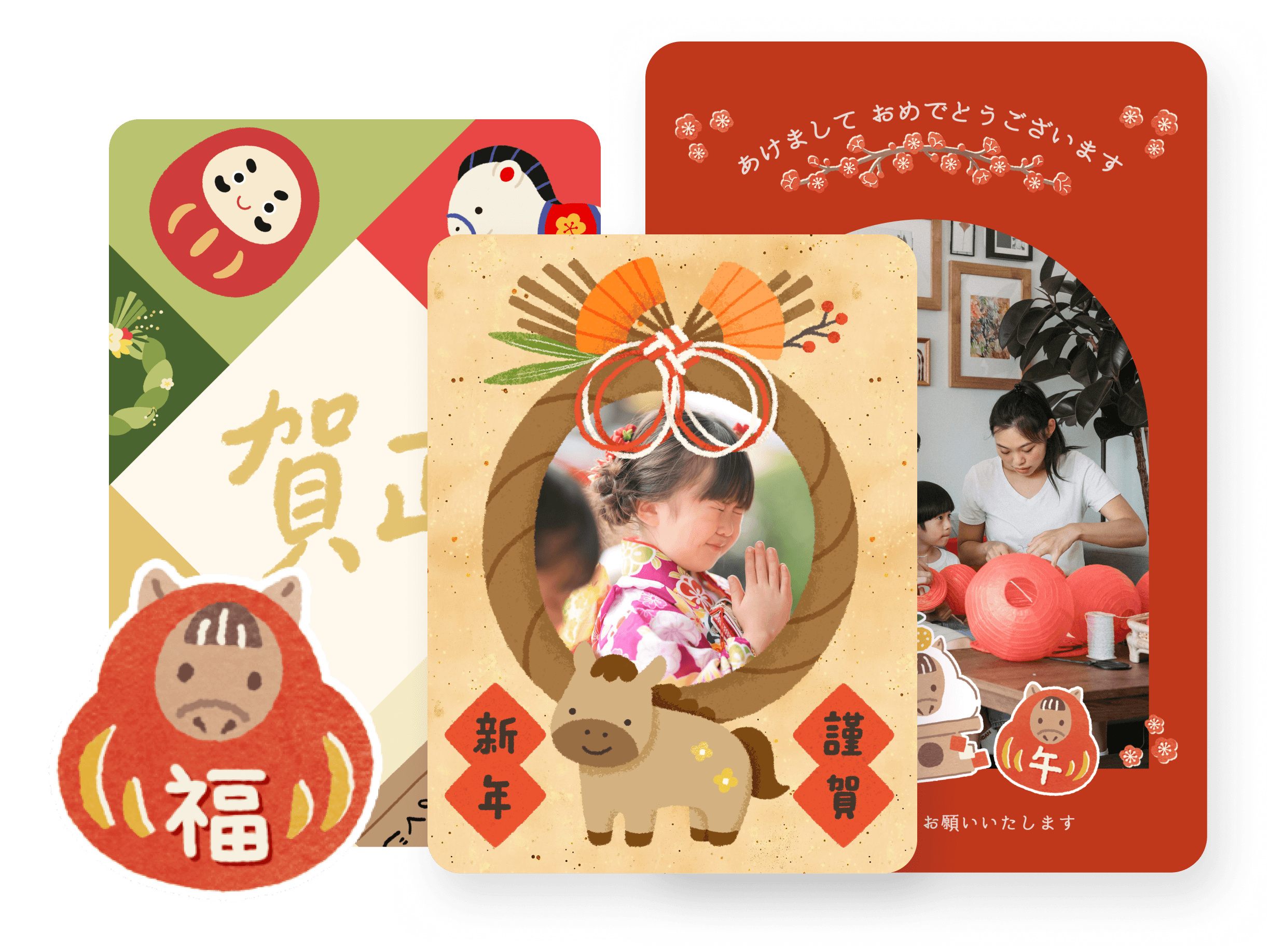 Three holiday cards with family photos, a snowman, and a Christmas tree illustration