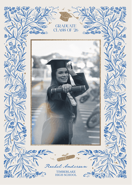 Graduation greeting card template with a blue and gold floral border and a 'Class of 26' photo