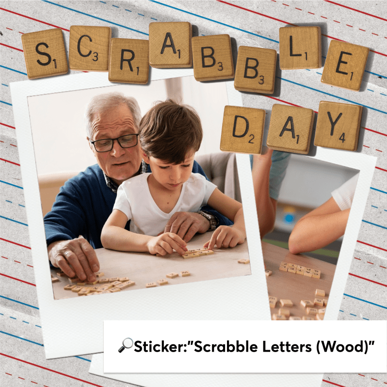 Grandparent and child playing Scrabble with wooden letter tiles spelling “Scrabble Day,” promoting the “Scrabble Letters (Wood)” sticker pack.