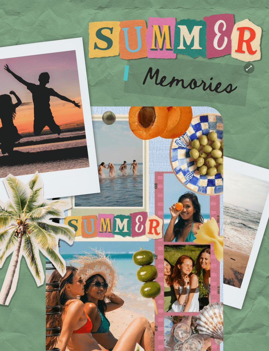 Adding photos and video clips to a corkboard-style video collage with pinned memories