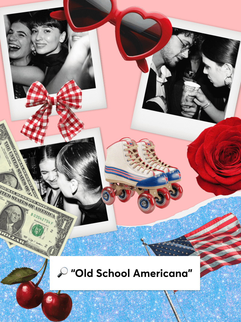 Old School Americanaโ scrapbook collage on a pink background with black-and-white Polaroid photos, red heart sunglasses, a red gingham bow, roller skates, a red rose, cherries, a US flag, and a search-bar label reading โOld School Americana.