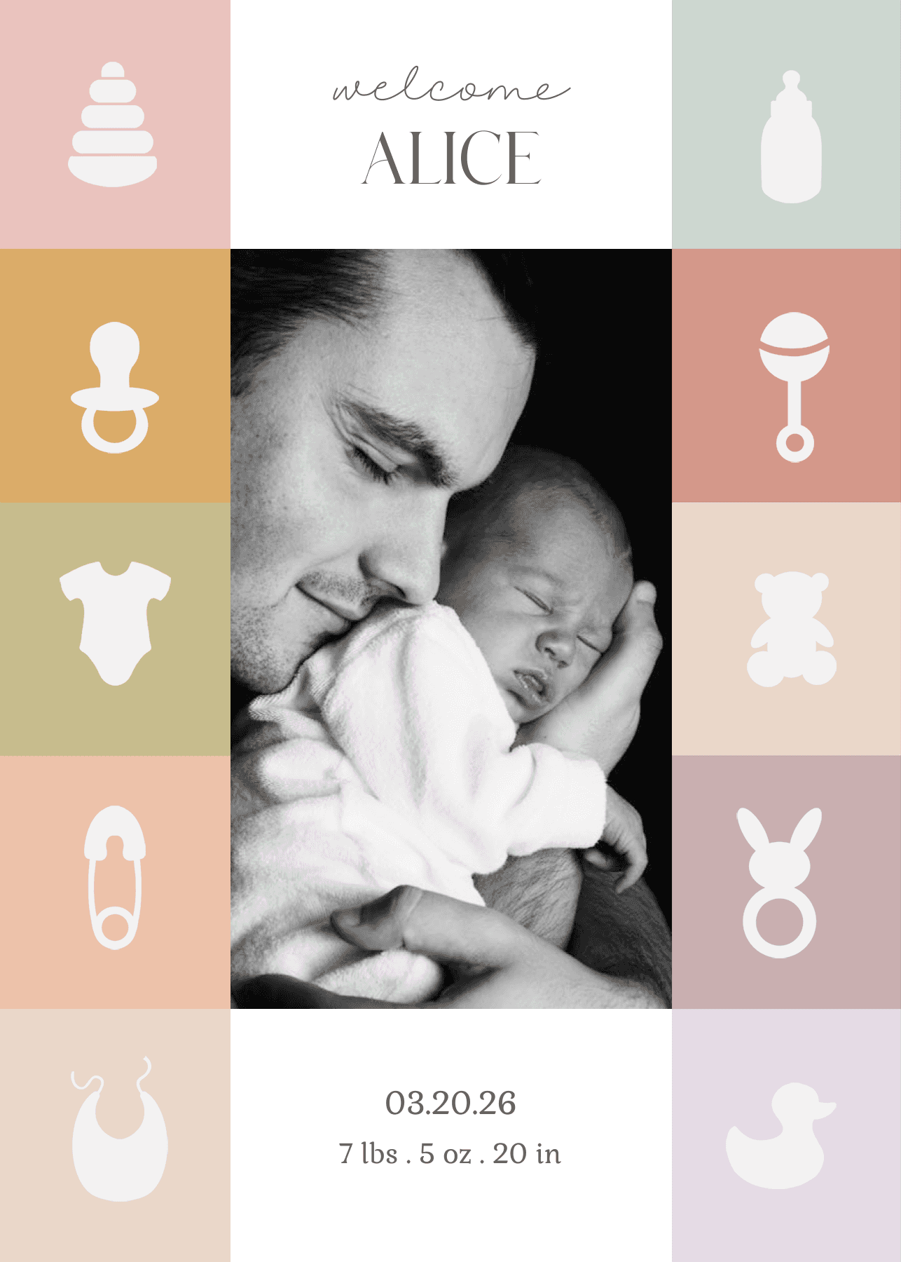 Nostalgic landscape birthday greeting card template with black-and-white Polaroid photos and gold star accents
