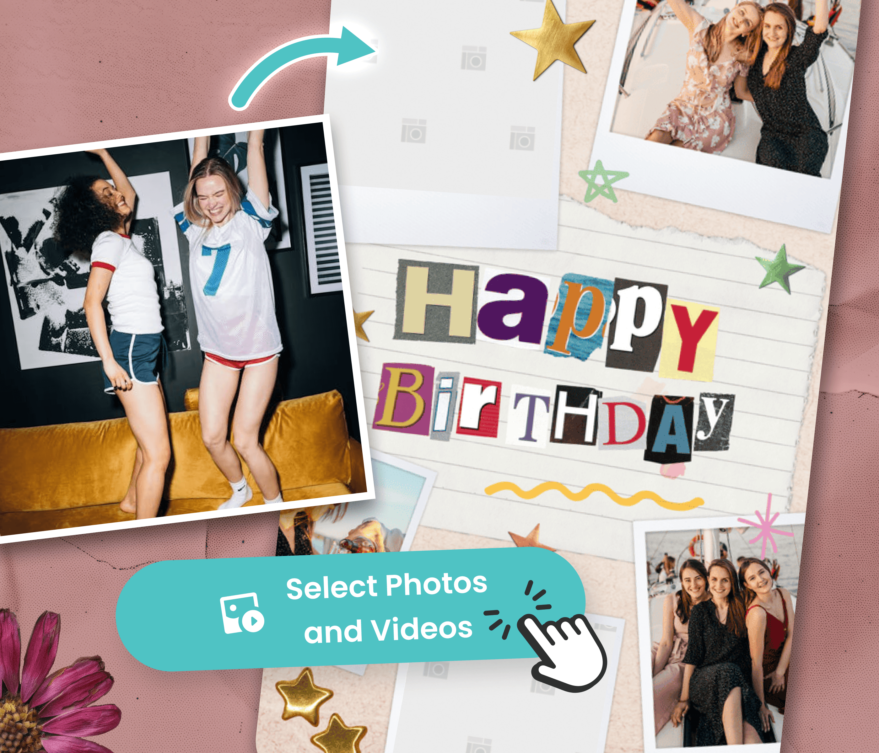 'Happy Birthday' video collage being made with party photos and a 'Select Photos and Videos' button
