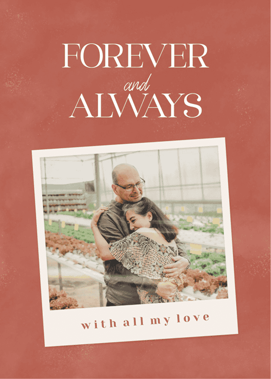 Anniversary greeting card template with a 'Forever and Always' Polaroid photo on a terracotta background