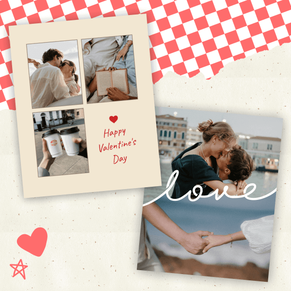 A romantic collage for Valentine's Day featuring couple photos, coffee cups, and love-themed text.