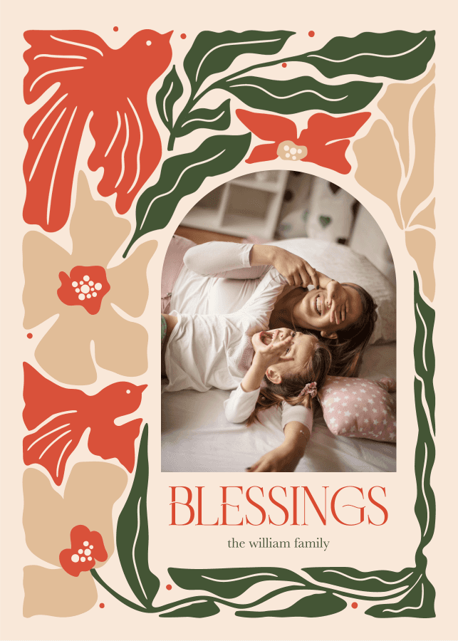 Folk-art holiday card template with floral and bird border, 'Blessings' typography, and a family photo