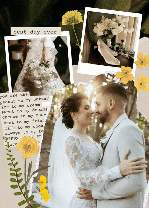 Wedding scrapbook-style Instagram collage with layered Polaroid photos (bridal bouquet, wedding details, and a couple embracing), “best day ever” text, and floral stickers—romantic photo dump design made in PicCollage.