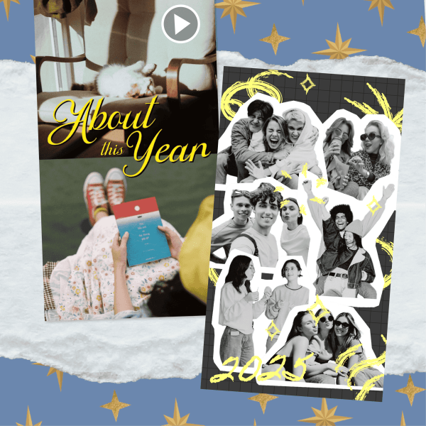 Year in review collage cover with ‘About this Year’ text, 2025 cutout photo dump, video collage icon, gold stars, and retro orange van background.