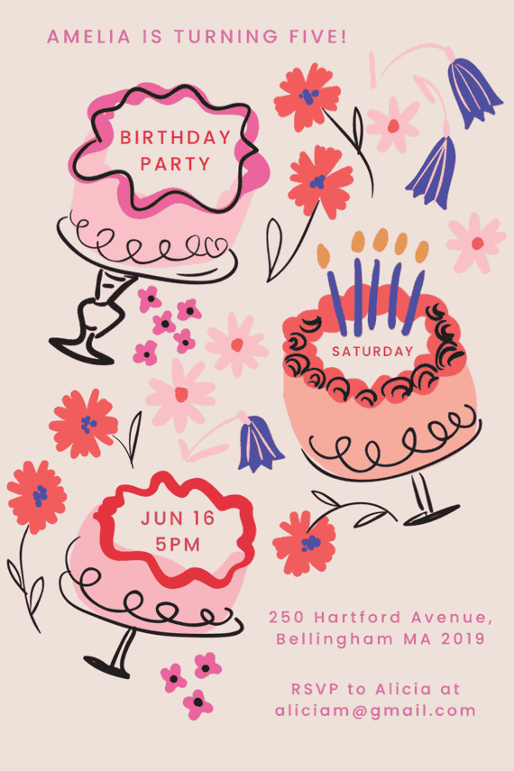 Kids birthday party invitation template with Amelia is Turning Five, hand-drawn cakes, date, time, and RSVP details