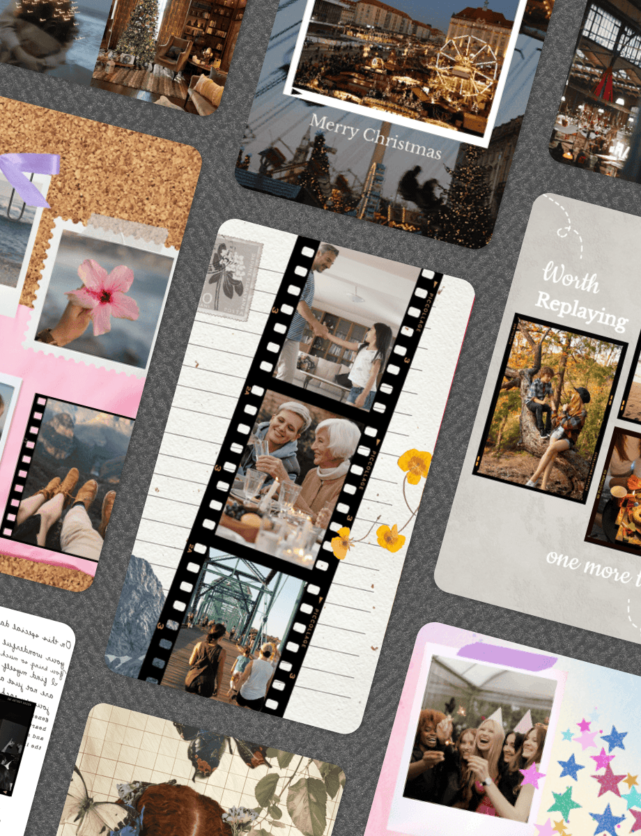 Video collage how-to visual showing a film strip layout, a corkboard photo wall, and a 'Worth Replaying' party reel